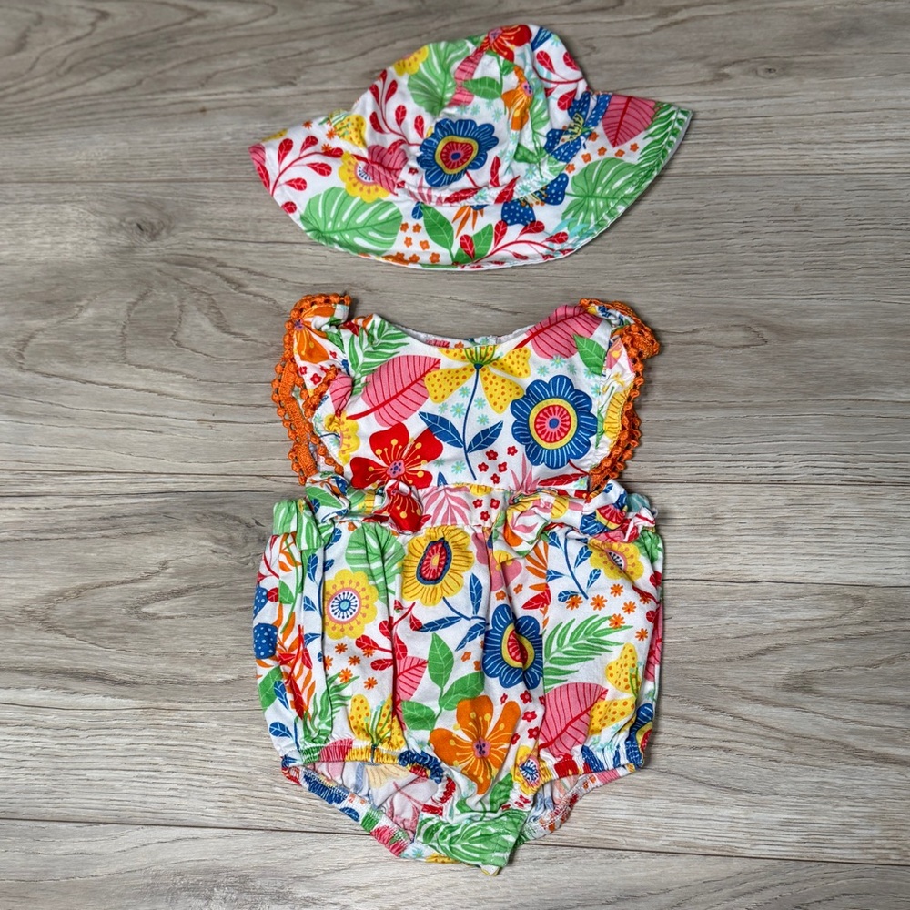Good Lad Baby Girl Floral Romper‎ and Sun Hat Set 3 Months Tropical Crochet Trim